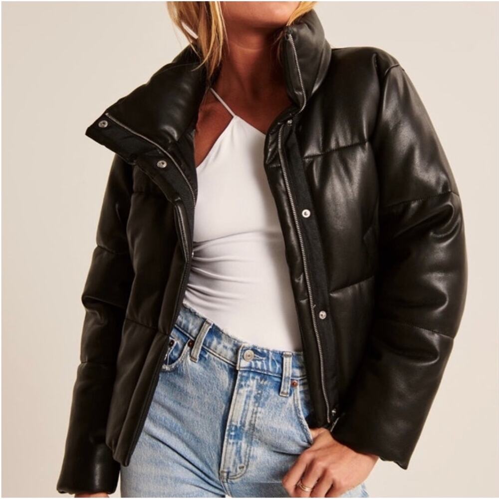Abercrombie & Fitch Vegan Leather Mini Puffer Jacket Black Chic Size XS - Picture 10 of 10